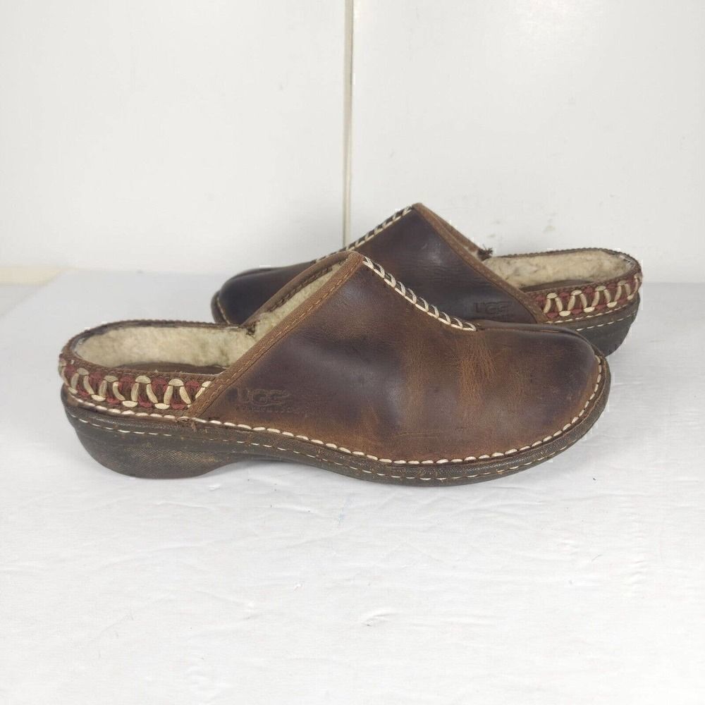 UGG Women's Kohala US 9 Brown Leather Sheepskin Shearling Slip-On Clogs Shoes - Picture 8 of 13